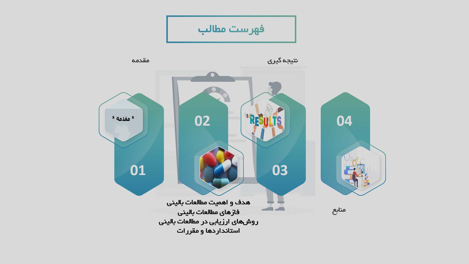 پاورپوینت در مورد ارزیابی ایمنی و اثربخشی داروهای جدید در مطالعات بالینی